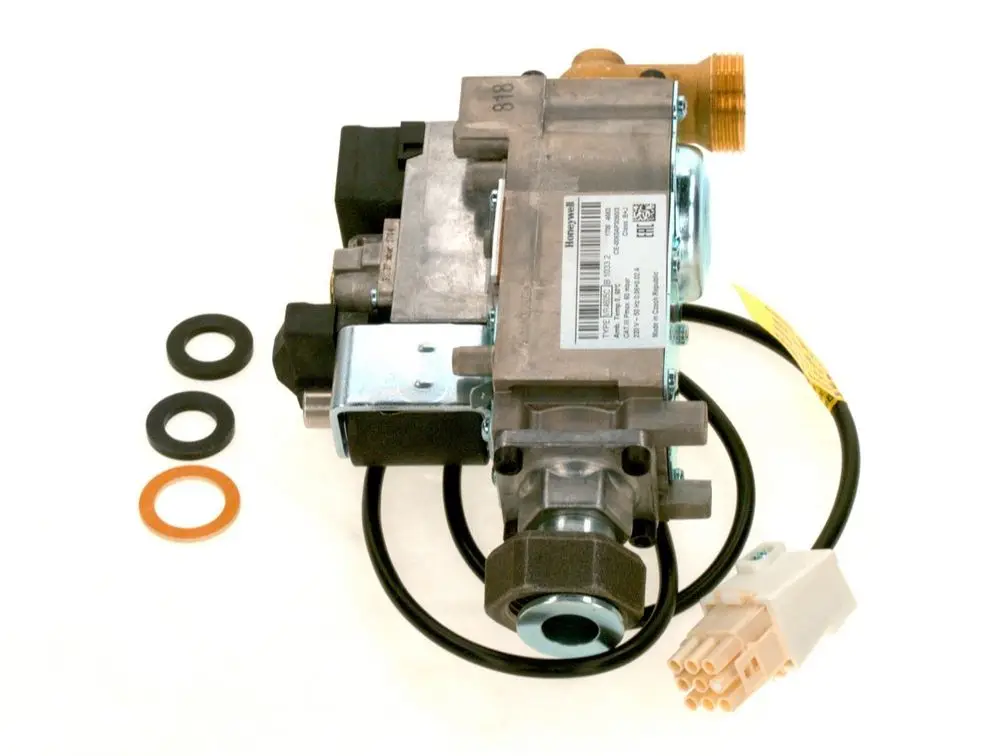 BOSCH Gasarmatur mit mehreren Dichtungen, elektrischen Anschlüssen und einem Metallgehäuse, für den Einsatz in Gasleitungen.